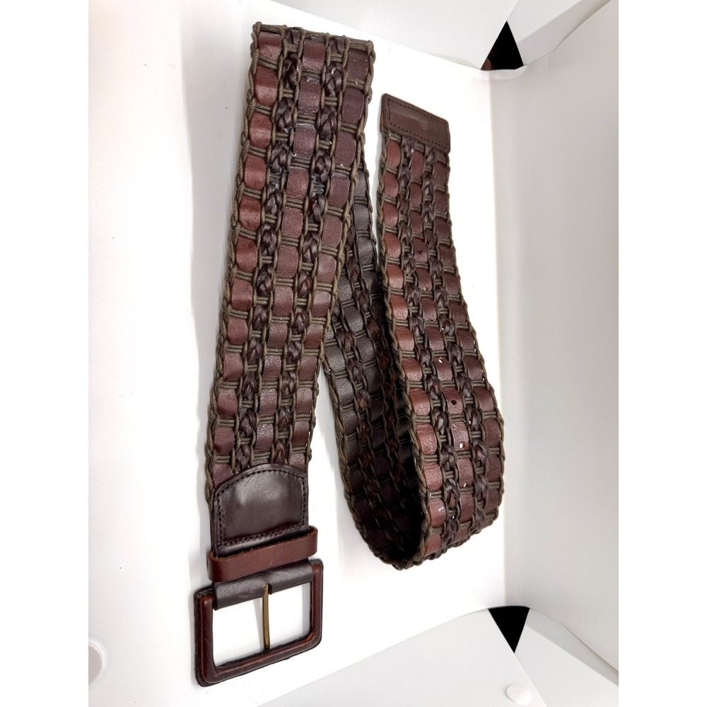The Limited Boho Wide Woven Leather Jute Belt Brown Olive Green Size S